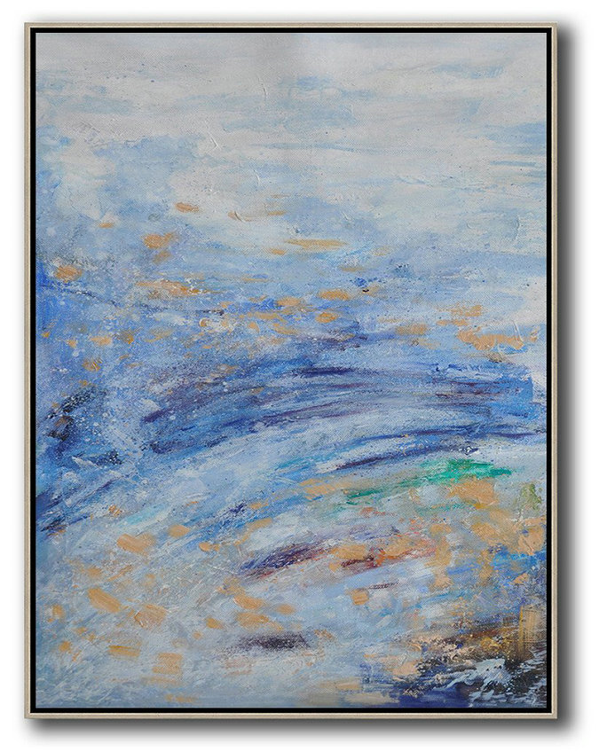 Oversized Abstract Landscape Painting,Hand Made Original Art,White,Sky Blue,Yellow